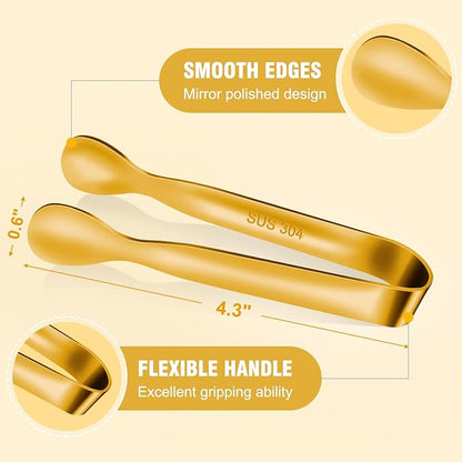 EDDEAS 12 PCS Small Serving Tongs, 4.3" Mini Gold Tongs, Gold Kitchen Tongs for Serving Food, Coffee Bar, Tea Party, Desserts Party and Ice Bucket