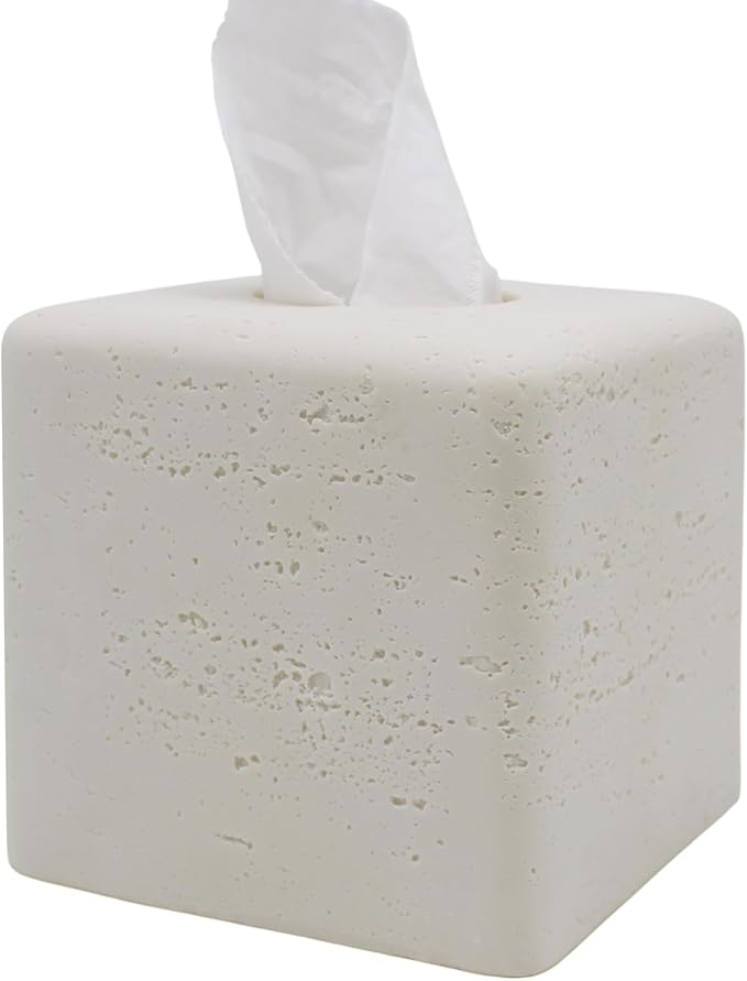 Travertine Tissue Box Cover Square Decorative Stone Klenex Box Holder for Bathroom & Living Room with Handcrafted Texture (Light White)