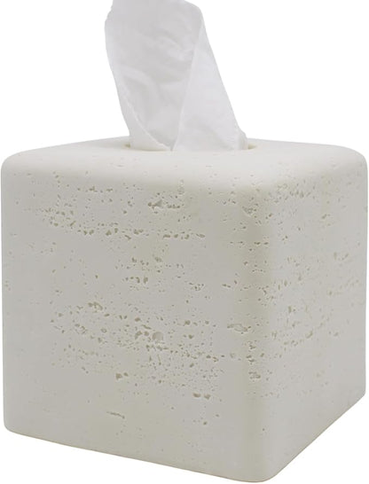 Travertine Tissue Box Cover Square Decorative Stone Klenex Box Holder for Bathroom & Living Room with Handcrafted Texture (Light White)