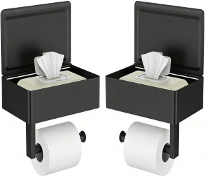 FORIOUS Toilet Paper Holder with Shelf, Sanitary Napkin Receptacle Tampon Holder, Wall Mount Toilet Paper Holder with Storage, Flushable Wipes Dispenser Fits for Bathroom Commercial(2, Matte Black)