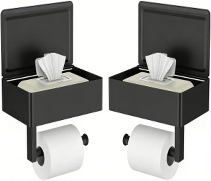 FORIOUS Toilet Paper Holder with Shelf, Sanitary Napkin Receptacle Tampon Holder, Wall Mount Toilet Paper Holder with Storage, Flushable Wipes Dispenser Fits for Bathroom Commercial(2, Matte Black)