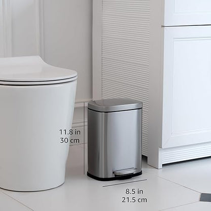Amazon Basics Smudge Resistant Rectangular Trash Can with Soft-Close Lid, Foot Pedal, Removable Inner Bucket, 5L/1.32 Gal, Brushed Stainless Steel, for Bathroom & Small Space, Satin Nickel Finish