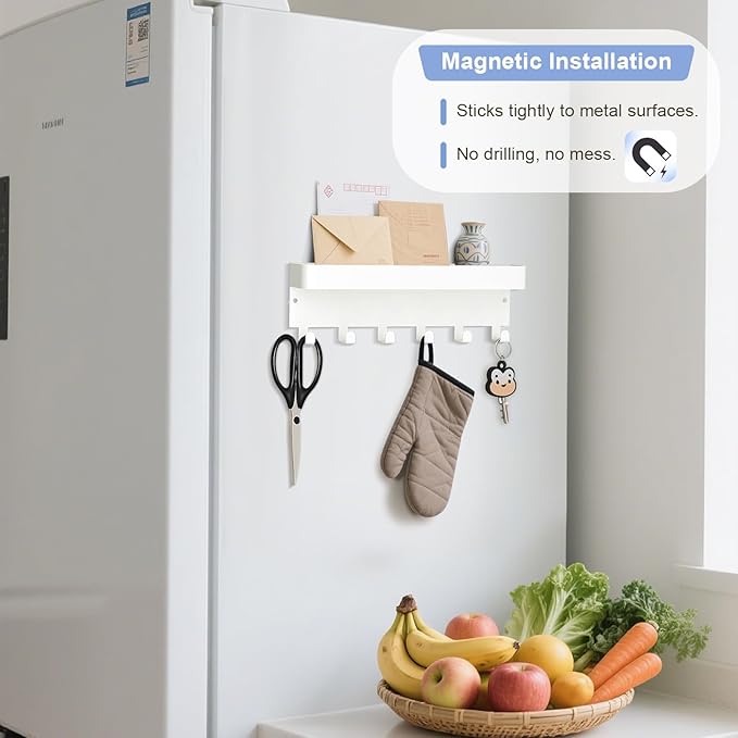 RELBRO Magnetic Key Holder for Fridge, Metal Wall Mount Key Rack with Shelf, 6 Hooks, 2 Installation Options, White