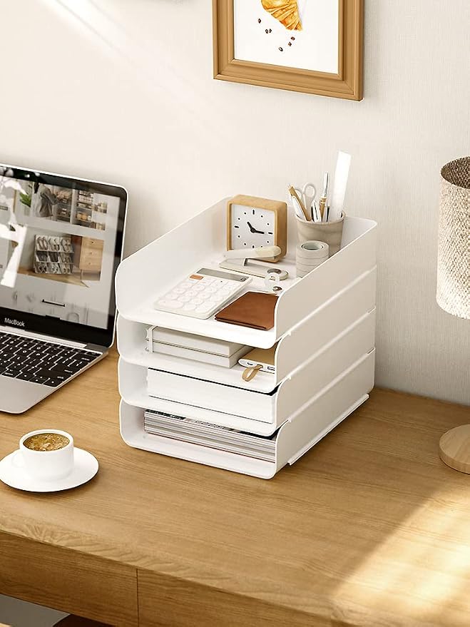 (4pcs Pack) HKeeper Stackable Paper Trays,Letter Tray Organizer,Office Desktop Organizer,A4 Paper Holder,Supplies Magazine,File Documents,Receipts（White,Regular）
