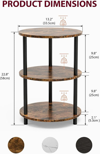 XBurmo Small Round End Table - 3 Tier Design Accent Table, Narrow Side or Bedside Stand, Industrial Vintage Nightstand for Bedroom, Living Room, or Small Spaces, Set of 2, Rustic Brown