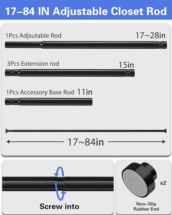 Supforce No Drilling Closet Rods for Hanging Clothes, Non Slip Tension Rod with Heavy Duty Clothes Hanging Rod, 17-84 Inches Adjustable Spring Closet Rod for Closet Wardrobe Bathroom Laundry RV, Black