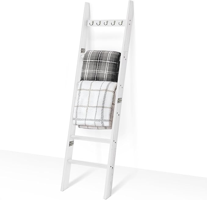 TEAKMAMA 6-Tier Blanket Ladder for Living Room and Bedroom,5.4 Ft Wall Leaning Quilt Rack with Hooks,Rustic Decorative Farmhouse Blanket Storage,Stylish Ladder Holder,Easy to Assemble,White