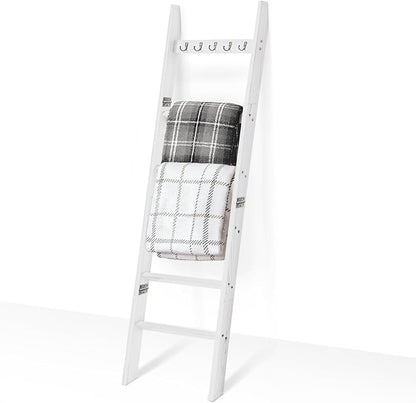 TEAKMAMA 6-Tier Blanket Ladder for Living Room and Bedroom,5.4 Ft Wall Leaning Quilt Rack with Hooks,Rustic Decorative Farmhouse Blanket Storage,Stylish Ladder Holder,Easy to Assemble,White
