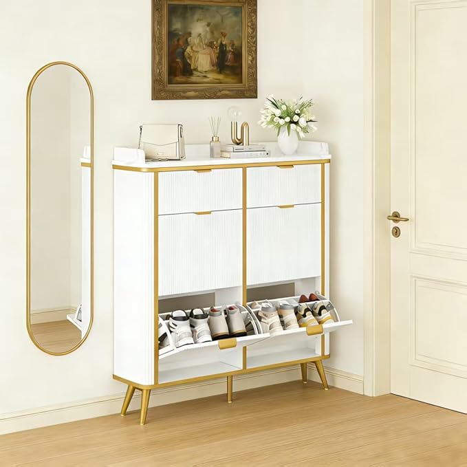 Shoe Cabinet with 4 Flip Drawers and 2 Drawers, Modern Fluted Wood Shoe Storage with Adjustable Shelves, Narrow Slim Shoe Organizer for Entrance, Foyer, Hallway, White