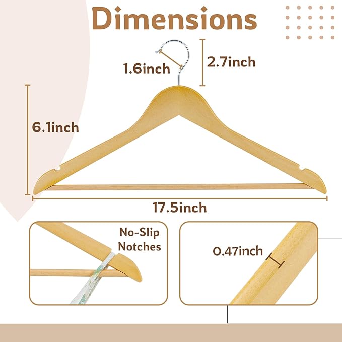 ELONG HOME Wooden Hangers, 30 Pack Slim Wood Coat Hangers with Extra Smooth Finish, Precisely Cut Notches and Chrome Swivel Hook, Wooden Clothes Hangers for Shirt Suit Jacket Dress, Natural