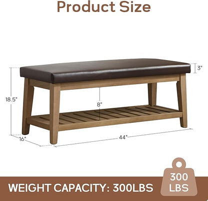 HUIMO Entryway Shoe Bench with Cushion, End of Bed Bench,Upholstered Bench for Kitchen, Bench with Solid Wood Shelf, Leather Ottoman Bench for Hallway, Living Room (PU-Brown)