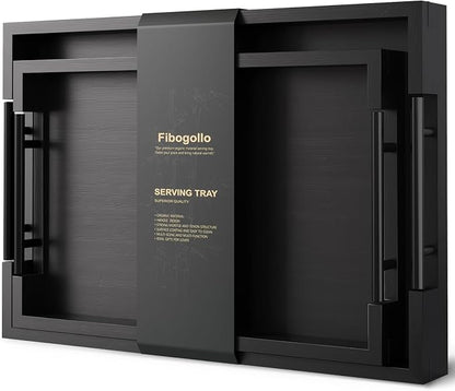 Fibogollo Bamboo Set of 2 Serving Tray with Metal Handles,Ottoman Decorative Trays Platter for Coffee Table,Living Room,Bar,Party(Black)