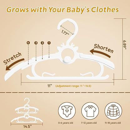 Baby Hangers 40PCS, 11"-14" Extendable and Stackable Kids Hangers, 45g Ultra-Thick Space Saving Non-Slip Plastic Hanger for Infant, Toddler and Nursery Closet