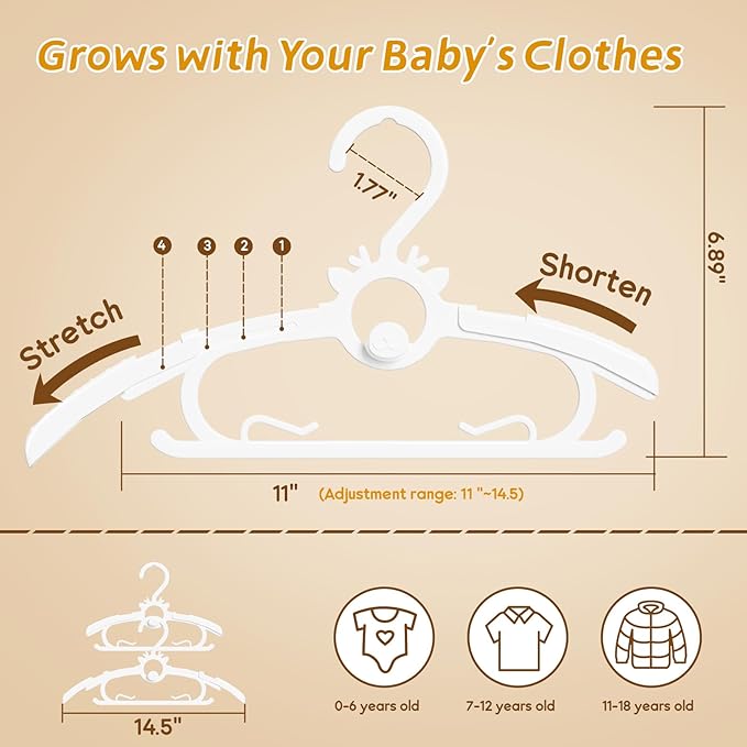 Toddler Hangers 60PCS, 11"-14" Extendable and Stackable Baby Hangers, 45g Ultra-Thick Space Saving Non-Slip Plastic Hanger for Infant, Kids and Nursery Closet, White