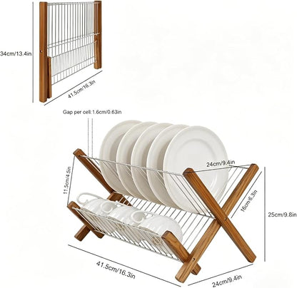 HTB Dish Drying Rack 2 Tier,Collapsible Stainless Steel & Teak Wood Dish Drying Rack,Foldable Dish Drainer for Plates,Cups,Kitchen Counter,Home,Apartment