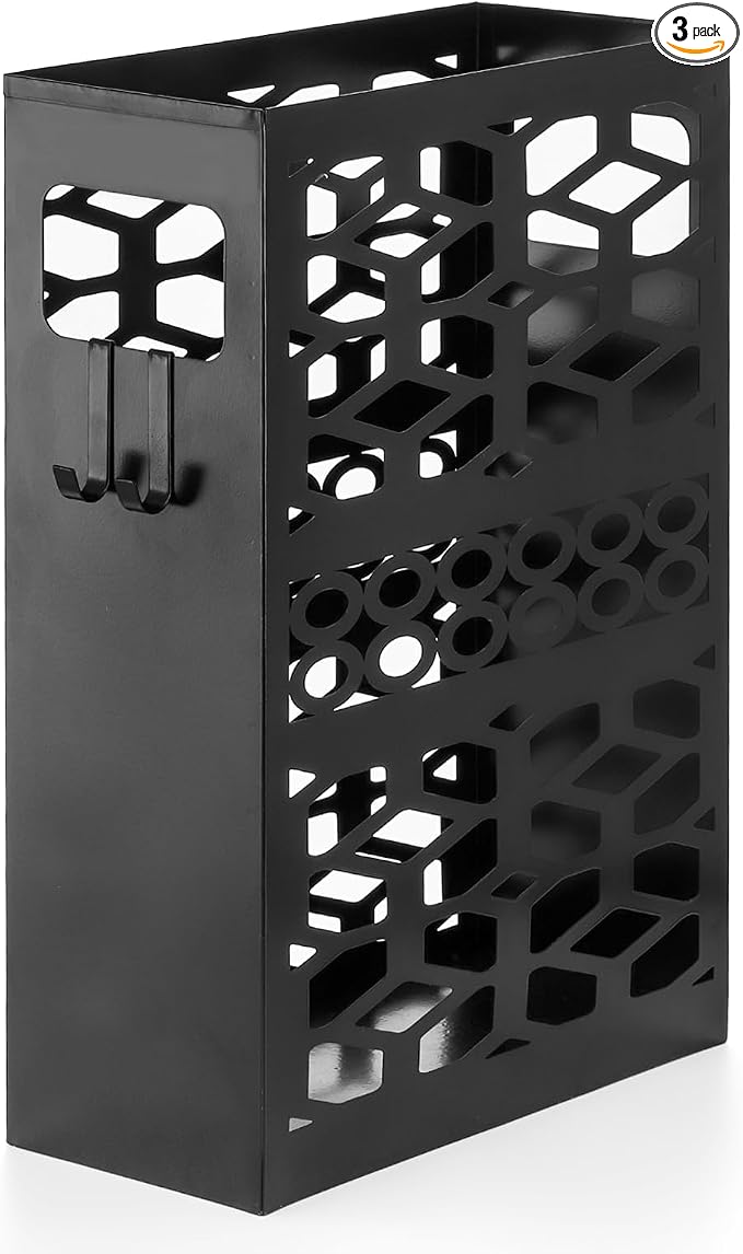 ZENFUN Rectangle Metal Umbrella Stand with 2 Hooks, Entryway Umbrella Holder & Walking Cane Storage, Umbrella Organizer Freestanding for Home, Office, Hotel, Black