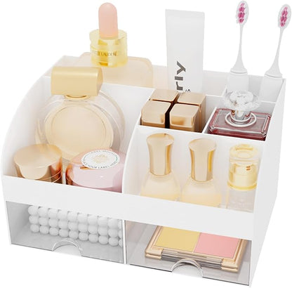 Makeup Organizer with 2 Drawers, Cosmetic Storage for Dresser Vanity and Bathroom Countertop,Make up organization and Skincare Storage with Beauty Brush Holder, Cosmetic Display Case (White)