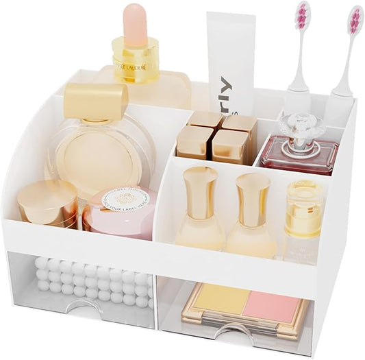 Makeup Organizer with 2 Drawers, Cosmetic Storage for Dresser Vanity and Bathroom Countertop,Make up organization and Skincare Storage with Beauty Brush Holder, Cosmetic Display Case (White)
