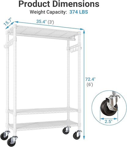 VIPEK R3C Portable Closet with Cover - Heavy Duty Freestanding Clothes Rack with Wheels & Hanging Rod & Side Hooks, 36.6" Lx17.3 Wx72.4 H, White Rack with Grey Upgraded Polyester Cover