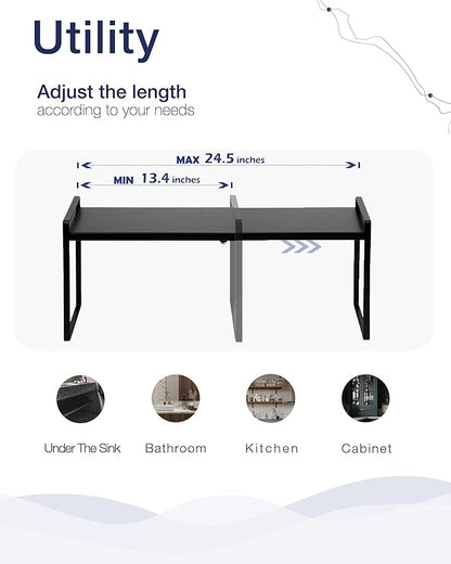 Nxconsu Cabinet Shelf Organizer Expandable, 10.3 Inch Deep Adjustable 13 to 24 Inch Metal Shelf Riser for Kitchen Pantry Cupboard Countertop Under Sink, Heavy Duty Stackable Storage Rack, Black