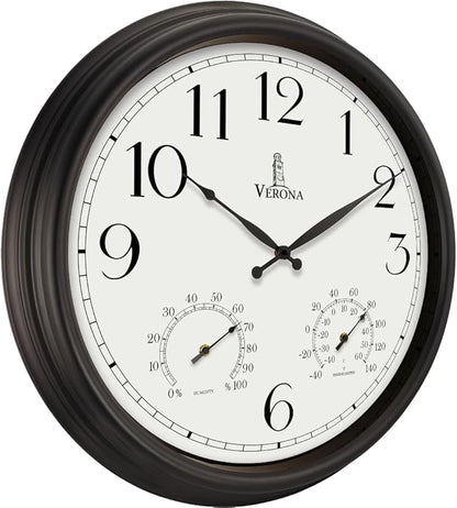 24 inch Outdoor Clocks for Patio Large Waterproof with Thermometer - Black Outdoor Wall Clock with Temperature and Humidity Combo - Weatherproof, Accurate & Easy to Read for Pool, Garden & Home Decor