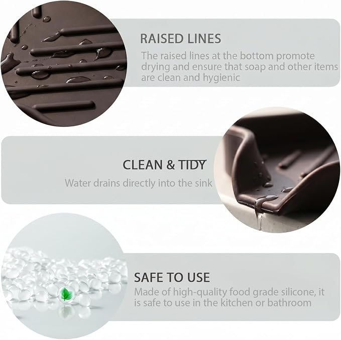 MicoYang Silicone Soap Dish with Drain Spout, Self-Draining Sink Organizer Tray for Bathroom and Kitchen, Sponges, Dispensers and Soap Holder, Non-Slip and Dishwasher Safe, Coffee (Compact, 4.9"×3.2")