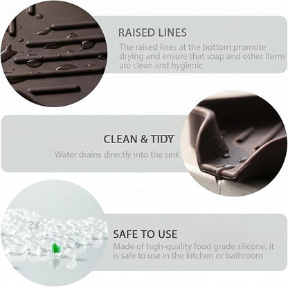 MicoYang Silicone Soap Dish with Drain Spout, Self-Draining Sink Organizer Tray for Bathroom and Kitchen, Sponges, Dispensers and Soap Holder, Non-Slip and Dishwasher Safe, Coffee (Compact, 4.9"×3.2")
