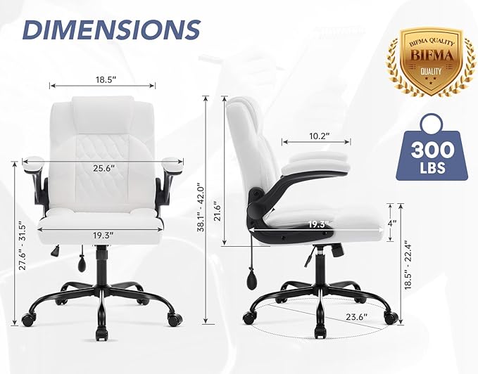Office Chair with Adjustable Inflatable Lumbar Support,Leather Ergonomic Computer Desk Chair with Flip-up Arms,Adjustable Tilt Lock,Swivel Rolling Executive PC Chair for Work,Study,Meeting.White