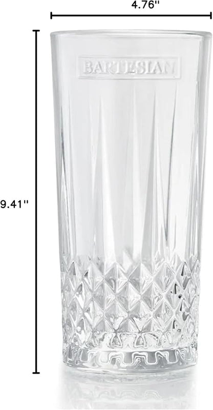 Bartesian Diamond Etched Highball Glasses - 10.5 Oz Tall High Ball Collins Glass Set for Mixed Cocktails & Mocktails - Classy Home Bar Mixing Glassware with Luxurious Gift Packaging - Set of 2