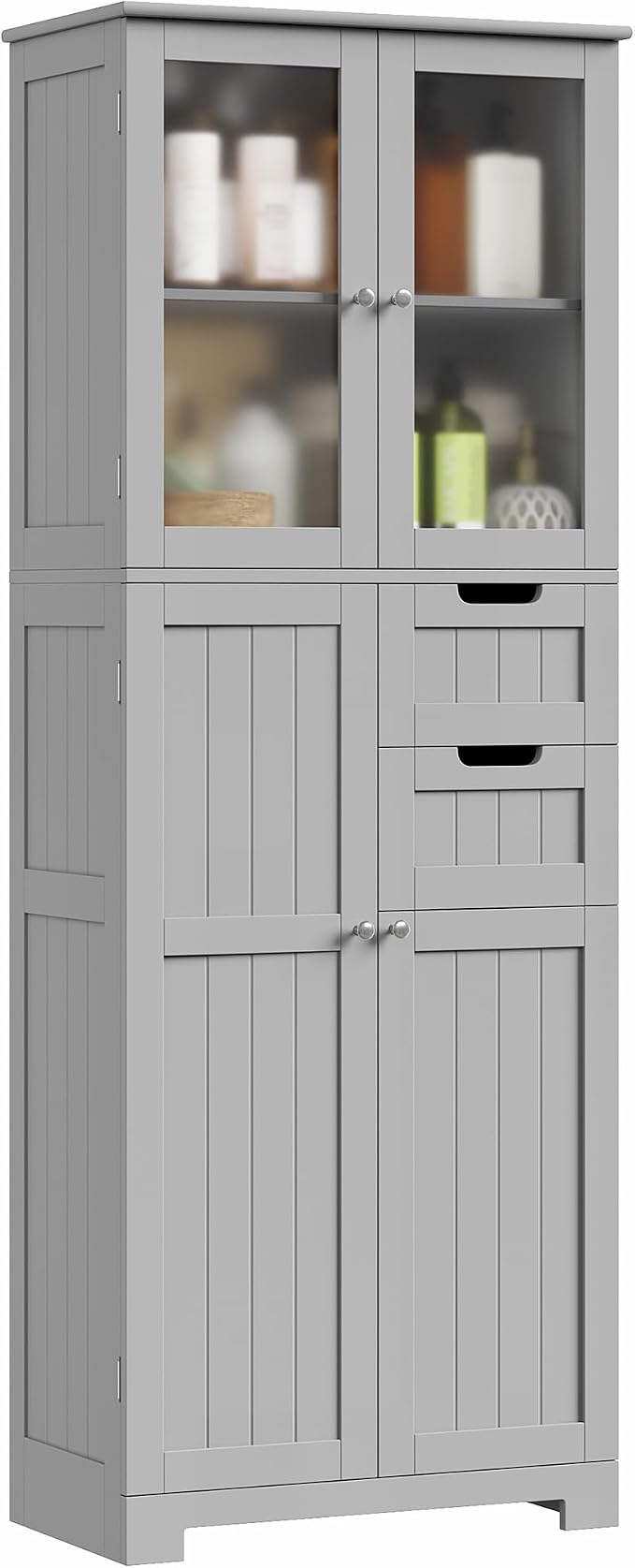 BOTLOG 67'' Tall Bathroom Storage Cabinet, Kitchen Pantry Cabinet with Glass Doors and Adjustable Shelves, Kitchen Cupboard with 2 Drawers for Bathroom, Dining Room, Grey