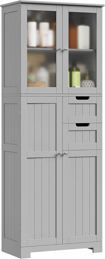 BOTLOG 67'' Tall Bathroom Storage Cabinet, Kitchen Pantry Cabinet with Glass Doors and Adjustable Shelves, Kitchen Cupboard with 2 Drawers for Bathroom, Dining Room, Grey