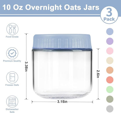 Overnight Oats Containers with Lids, 10oz Wide Mouth Mason Jars with Lids, 3 Pack Glass Jars with Airtight lid for Chia Pudding Yogurt Salad, Meal Prer Oatmeal Jars