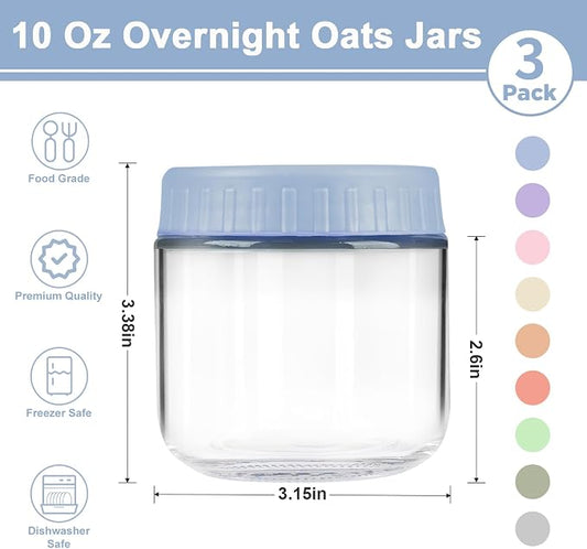 Overnight Oats Containers with Lids, 10oz Wide Mouth Mason Jars with Lids, 3 Pack Glass Jars with Airtight lid for Chia Pudding Yogurt Salad, Meal Prer Oatmeal Jars