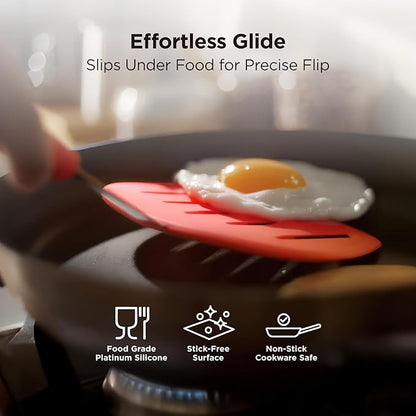 Kitchen Mama WaltzGrip Platinum Silicone Pancake Spatula Turner: Heat Resistant Flexible, Stainless Steel Core, Nonstick, Dishwasher Safe, Flipper – Ideal Kitchen Cookware for Eggs, Fish, Meat (Red)