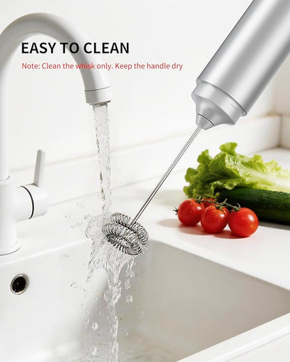 CIRCLE JOY Rechargeable Milk Frother Hanheld, Dual Coil Whisk Head Electric Coffee Frother, Portable Hand Frother Wand Drink Mixer for Matcha Lattes Cappuccino, Kitchen Gifts, Silver
