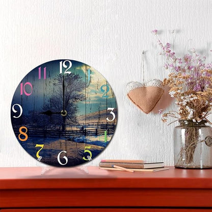 Winter Scenery Wall Clock 10 Inch Silent Non Ticking Battery Operated Wooden Modern Office Simple Minimalist Clock Decorative for Kitchen Home Bathroom Living Room
