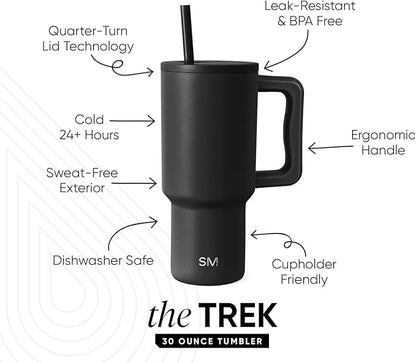 Simple Modern 30 oz Trek Tumbler with Handle and Straw Lid | Cup Holder Friendly Insulated Stainless Steel Travel Mug | Midnight Black