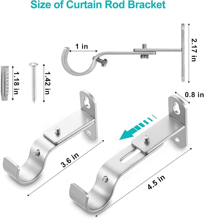 Adjustable Curtain Rod Brackets, Metal Window Drapery Rod Hanger Holders Hooks for 1 inch Rods (Satin Silver, Set of 3)