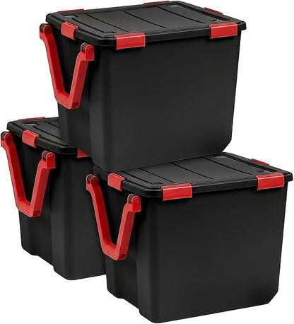 IRIS USA 3-Pack WeatherPro Gasket Box, 106 Quart Weather Resistant Storage Bins with Latching Lids, Heavy Duty Organizing Containers for Closet, Bathroom, and Office - Black/Red