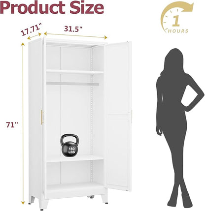 Metal Wardrobe Cabinet with Hanging Rod, 71" Metal Clothing Storage Cabinets with 2 Doors and Adjustable Shelves, White Armoire Wardrobe Closet for Bedroom, Laundry Room, Cloak Room