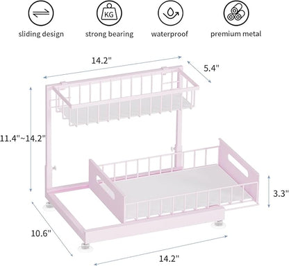 Under Sink Organizer Storage 2-Tier Premium Metal Pull-Out Kitchen Cabinet Organizer with Sliding Drawer, Height Adjustable, Heavy Duty for Kitchen & Bathroom Organizers 1 Pack Pink
