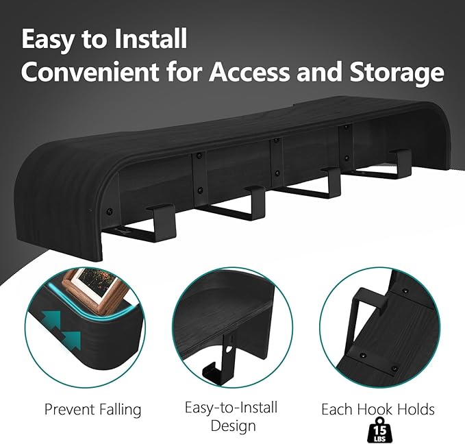 Coat Rack Wall Mount with Shelf 4 Hidden Hooks Modern Wooden Key Holder Entryway Organizer for Hallway Bedroom Bathroom Home Decor Storage for Hanging Coats Hats Bags Towels, Black