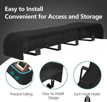 Coat Rack Wall Mount with Shelf 4 Hidden Hooks Modern Wooden Key Holder Entryway Organizer for Hallway Bedroom Bathroom Home Decor Storage for Hanging Coats Hats Bags Towels, Black