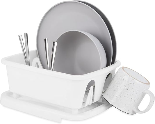 Camco RV Mini Dish Drainer & Tray - Features a Sloped Drain Tray Design, Heavy-Duty Construction - Ideal for Small Spaces, Apartments, Boats, and More -9.5"L x 11.7"W x 4.75"H - White (43511)
