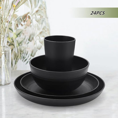 24 Piece Wheat Straw Dinnerware Sets of 6, Kitchen Plates and Bowls Sets, Unbreakable Plastic Dish Set for Camping, Dishwasher Microwave Safe, Kitchen and Dinning Essentials, Black