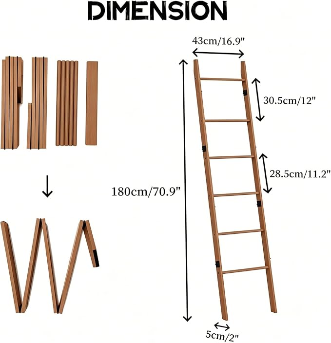 BAMBANG 6-Tier Blanket Ladder for Living Room, Blanket Quilt Ladder Rack Rustic Decorative Towel Holder, Wall Leaning Blanket Ladder Shelf Storage Farmhouse Decor for Bedroom Bathroom, Tea Brown