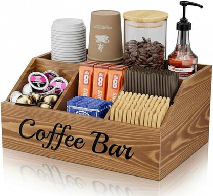 Coffee Station Organizer for Countertop – Wooden Coffee Bar Organizer with Adjustable Dividers,Holds K Cup Pod & syrup bottles, for Kitchen, Office, or Bar and Tea Station, Brown