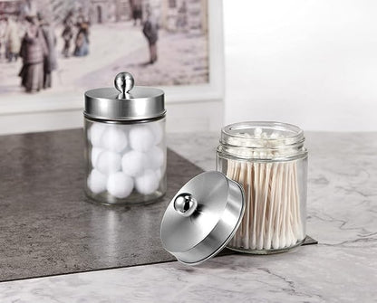 Amolliar 4 Pc Glass Apothecary Jars - Countertop Qtip Dispenser Holder with Stainless Steel Lids&Cute Stickers -Bathroom Vanity Storage Organizer Set for Qtips,Cotton Swabs/Rounds (Brushed Nickel)