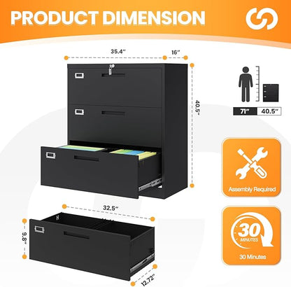 3 Drawer File Cabinets for Home Office, Office Storage Caninets Steel Cabnet for Letter/Legal/A4/F4-Assembly Required