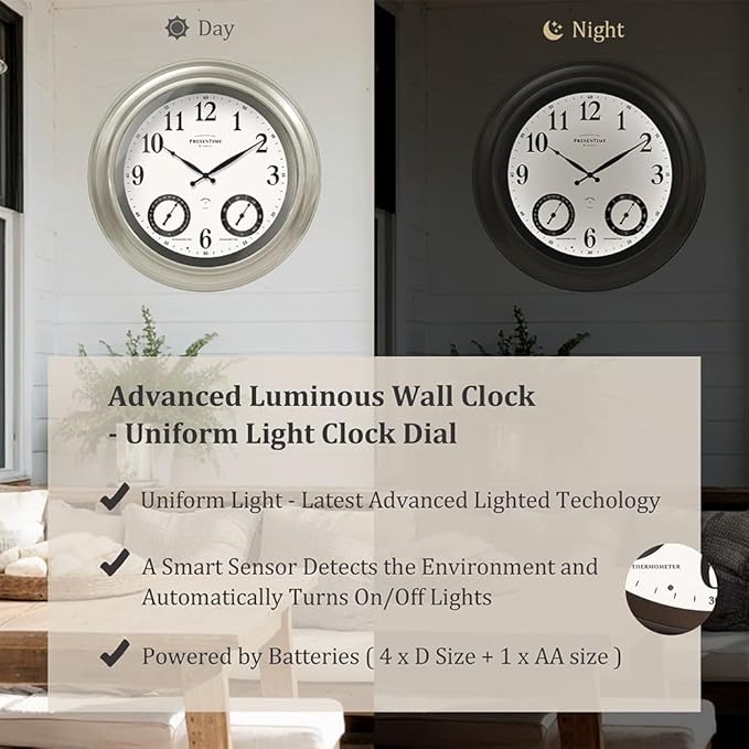 Presentime & Co 24" Jameson Illuminated in/Outdoor Clock, Modern Farmhouse, Self-Illuminated, Waterproof, Weather Station (Thermometer & Hygrometer), Metal Clock, Morning Silver. (Night Light)
